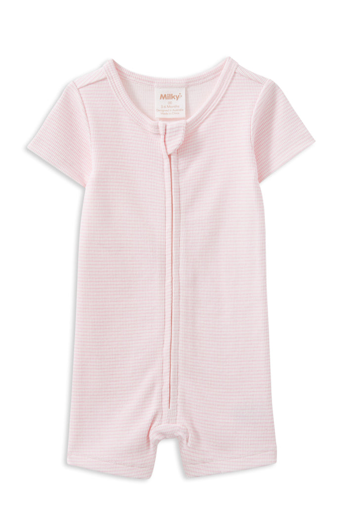 Milky - Pink Stripe Rib Zip Romper