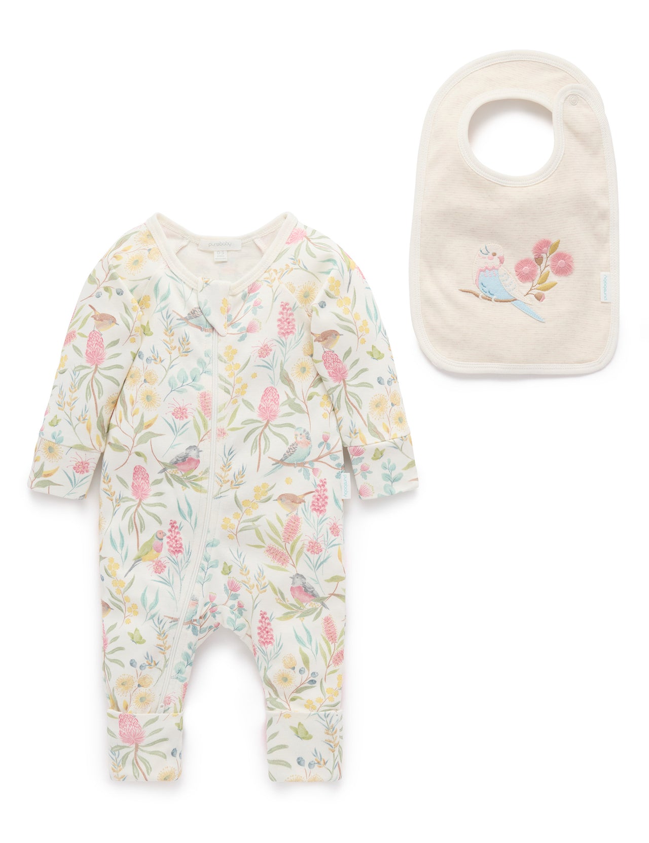 Purebaby -  Zip Growsuit & Bib Gift Set Floral